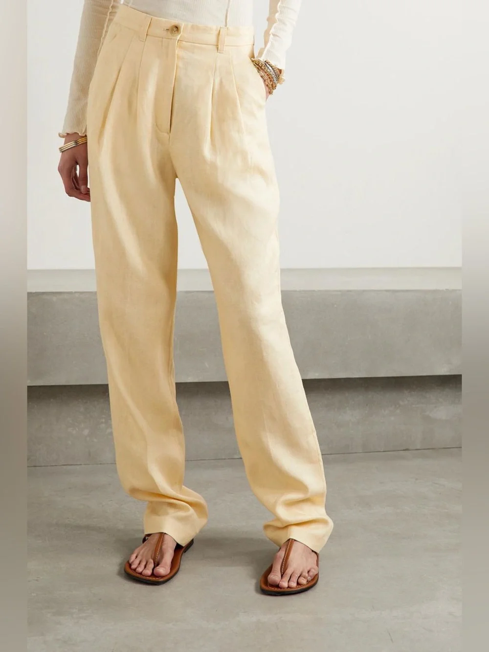 Anine bing 100% linen yellow Cream High Waist Wide Leg Trousers neutrals pastel
